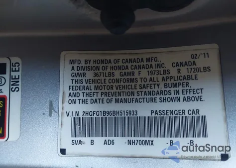 2011 Honda Civic Ex-L из США, поврежденный, VIN 2HGFG1B96BH515933